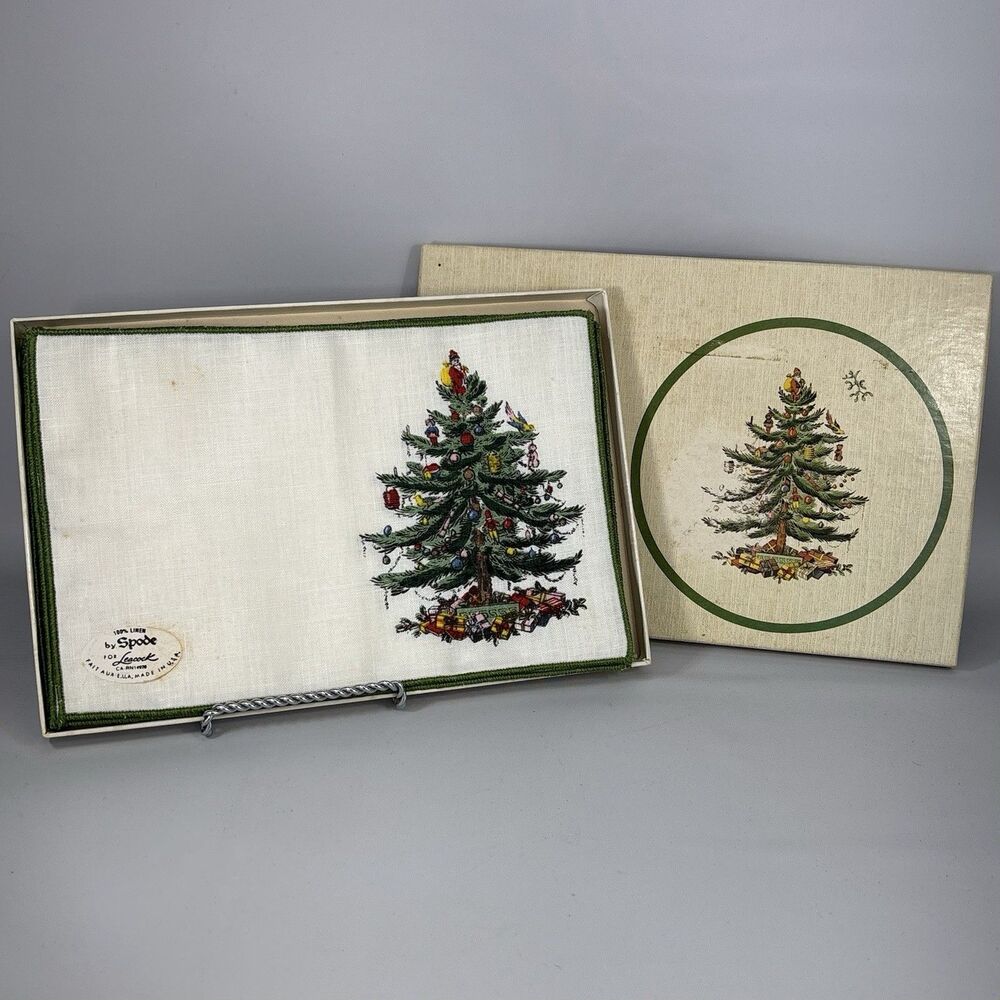 New Lot of 8 Vintage Spode Christmas Tree 100% Linen Cocktail Napkins Box READ
